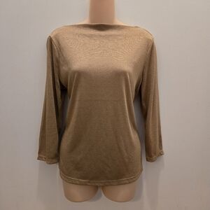 LRL Ralph Lauren gold metallic boatneck blouse wide high neck knit sweater Large